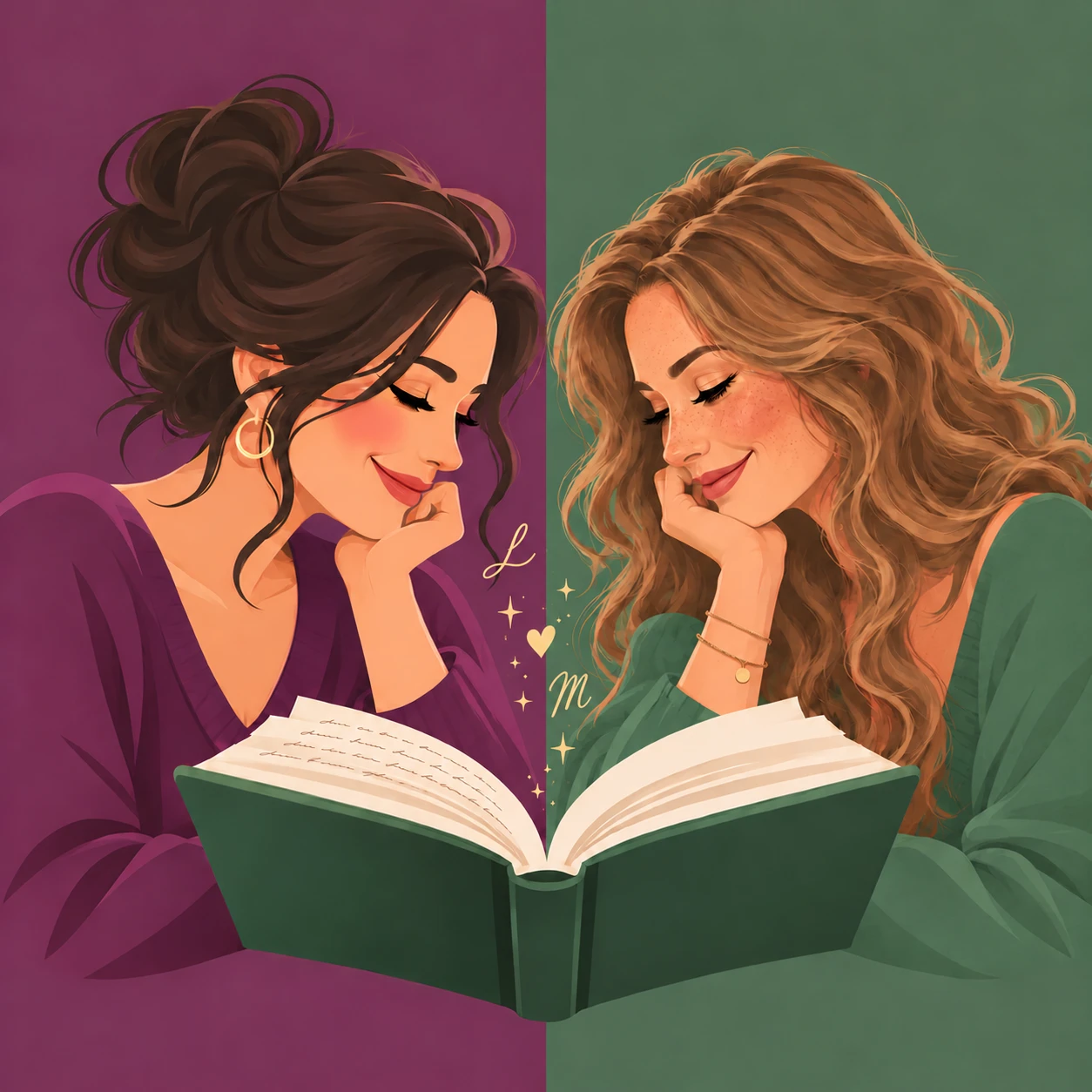 Illustration: Lena und Mara lesen in einem aufgeschlagenen Buch, aus dem die Buchstaben L und M aufsteigen